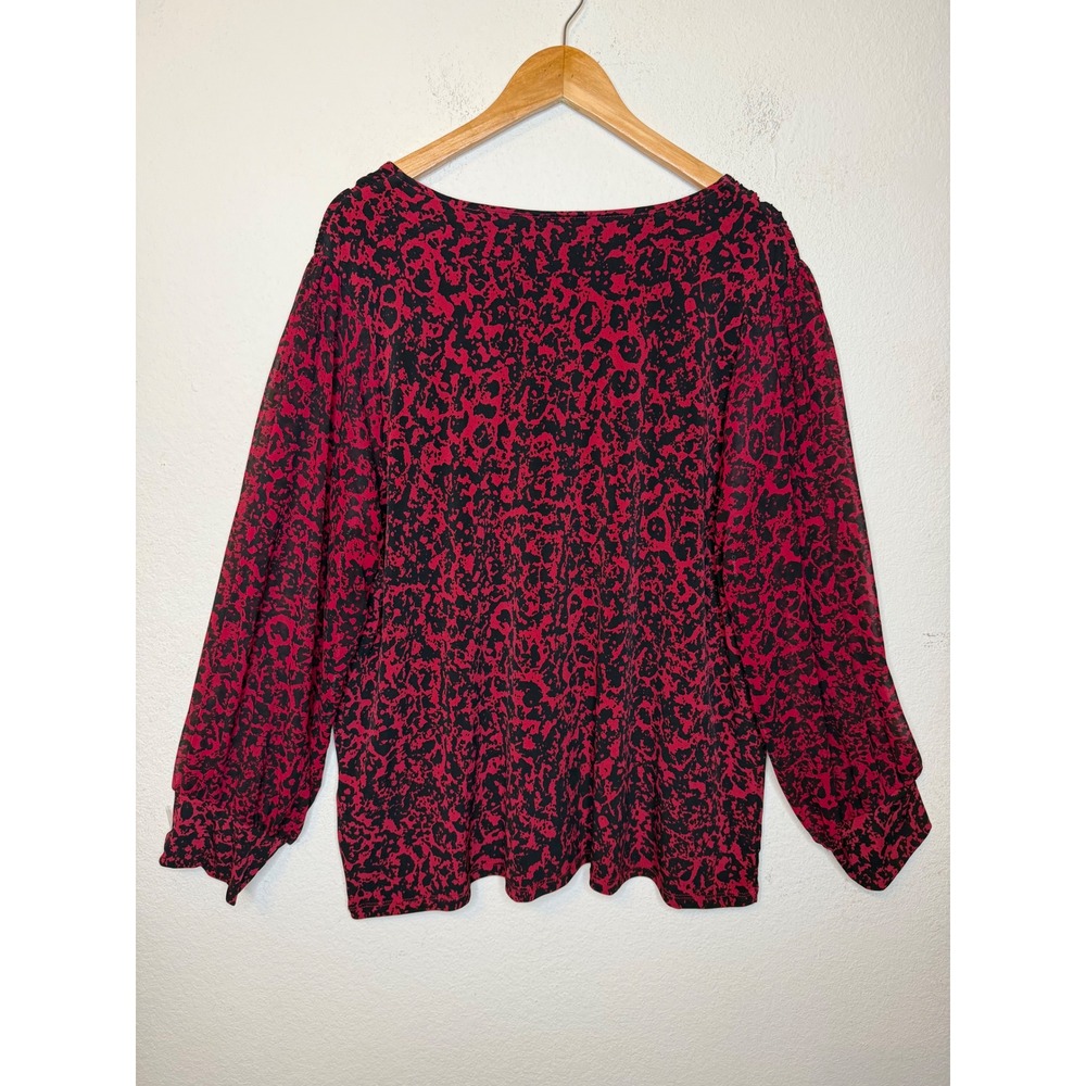 Calvin Klein 1X Red Black Abstract Animal Print V-Neck Smocked Office Blouse Top - Picture 2 of 14